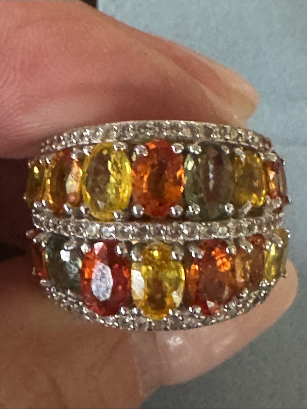 925 Sterling Silver Multi-Color Ombre Sapphire Wide Band Cluster Ring Sz 7